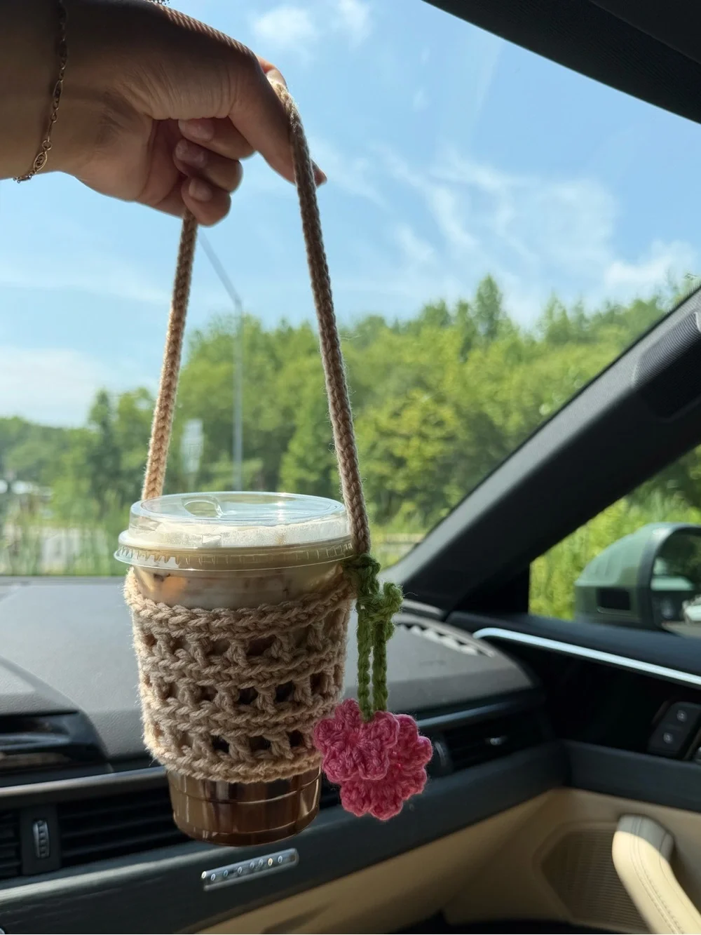 Handmade Beige Crochet coffee cup holder with Yellow Flower Accent